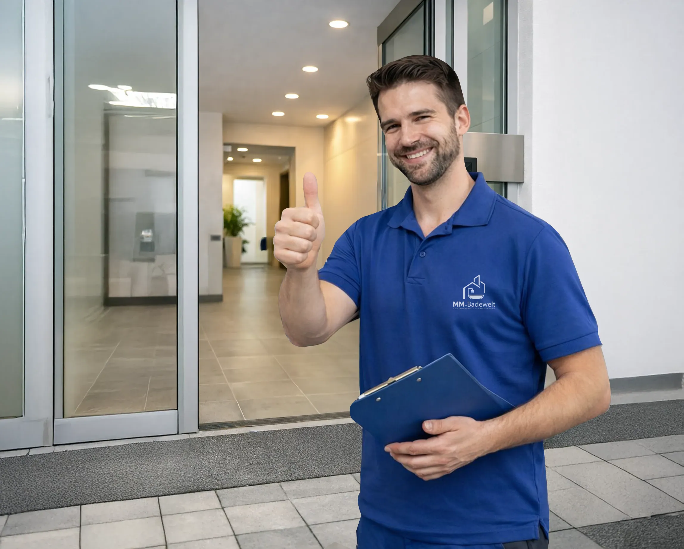 Handwerker von MM‑Badewelt steht am Gebäudeeingang, zeigt Daumen hoch und hält ein Formular – Symbol für Zuverlässigkeit und professionelle Badplanung.