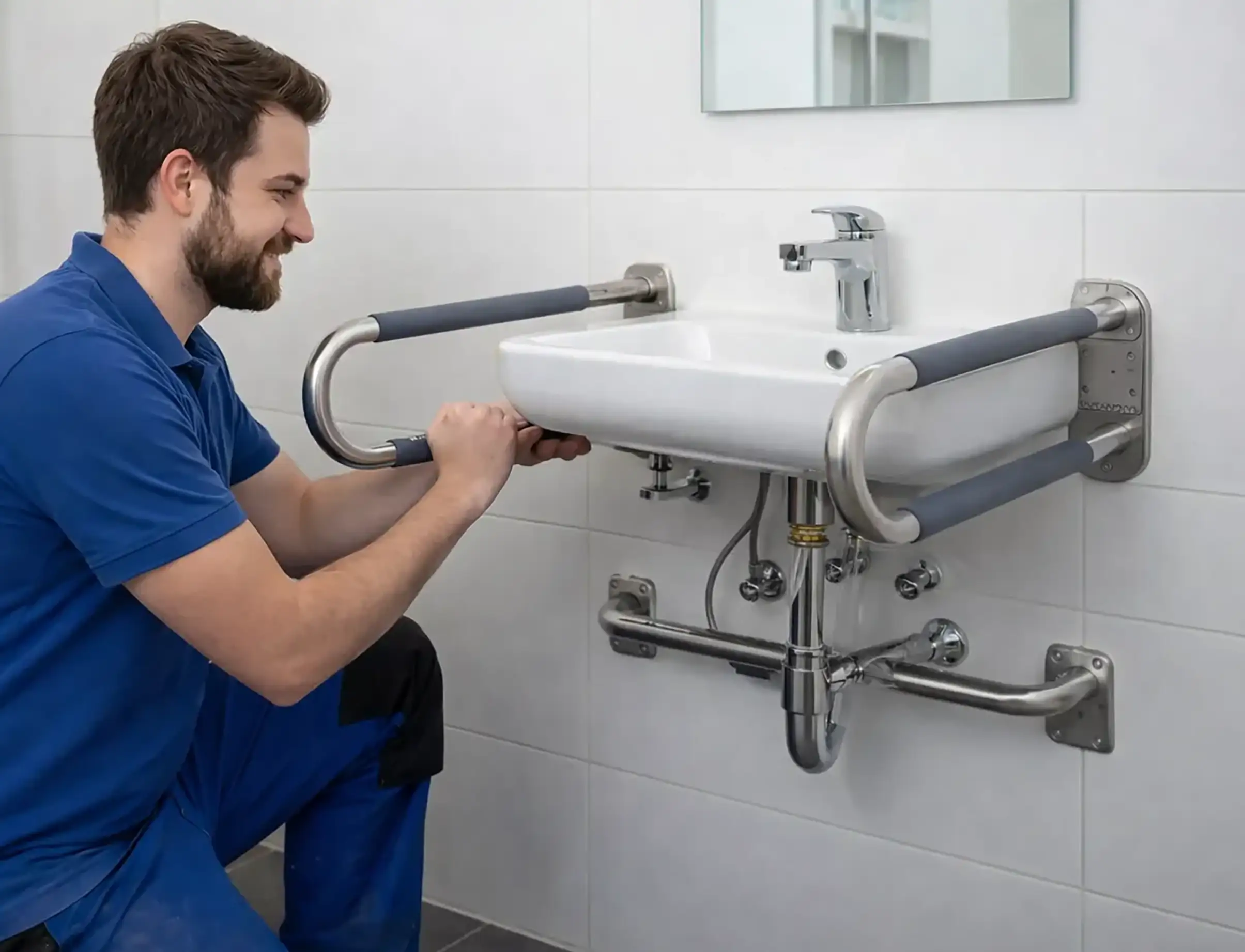 Handwerker installiert ergonomische Sanitäranpassung im Badezimmer für barrierefreies Wohnen in Dortmund.