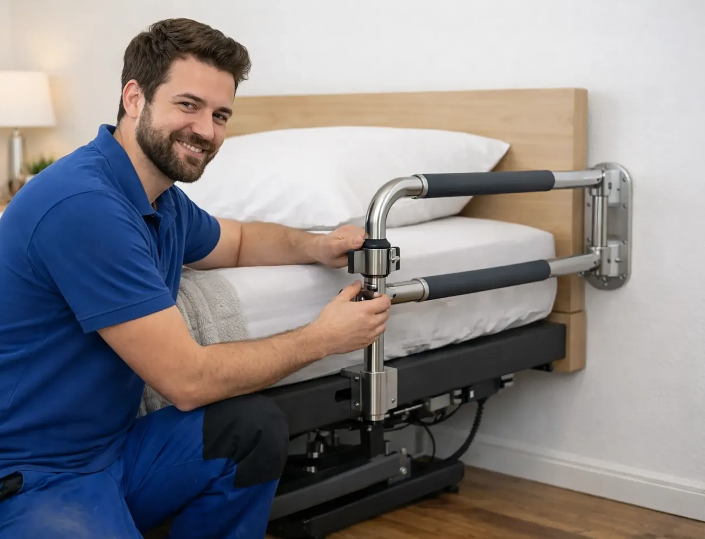 Handwerker montiert höhenverstellbares Bett und ergonomische Haltegriffe im Schlafzimmer für barrierefreies Wohnen in Dortmund.