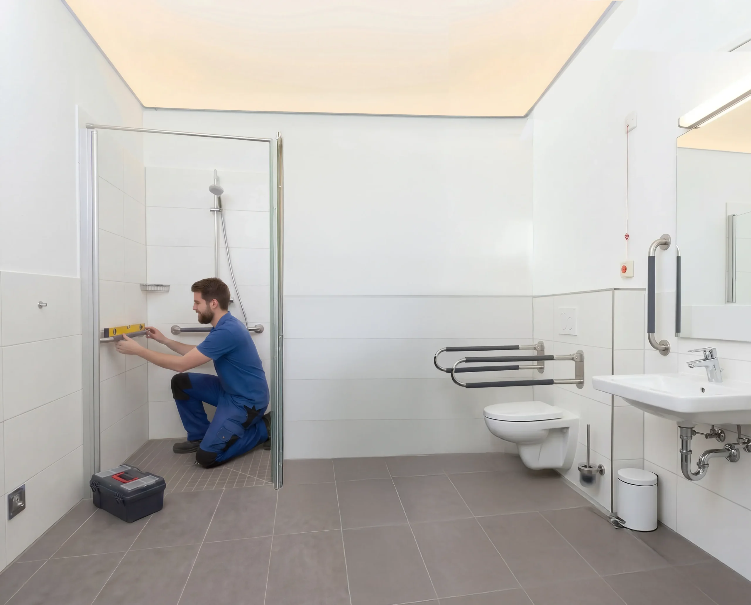 Handwerker installiert rutschfeste, bodengleiche Dusche für barrierefreies Wohnen in Dortmund.