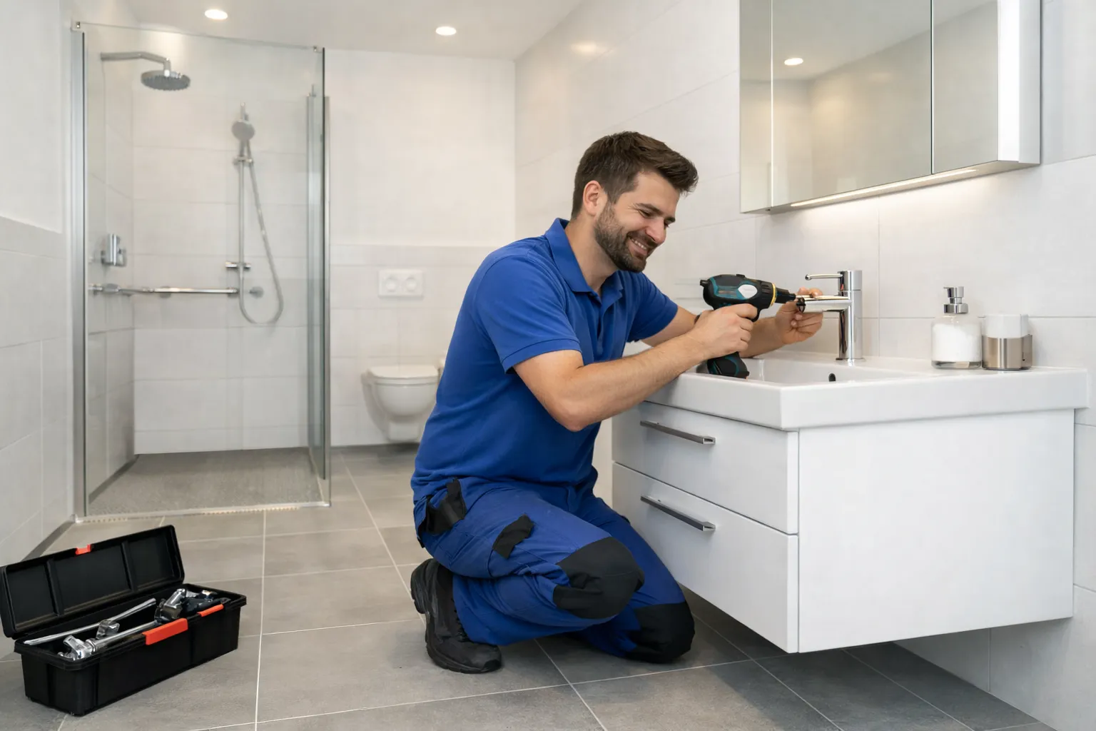Handwerker installiert moderne, helle Komplettbadsanierung mit Waschbeckenmontage in Dortmund.