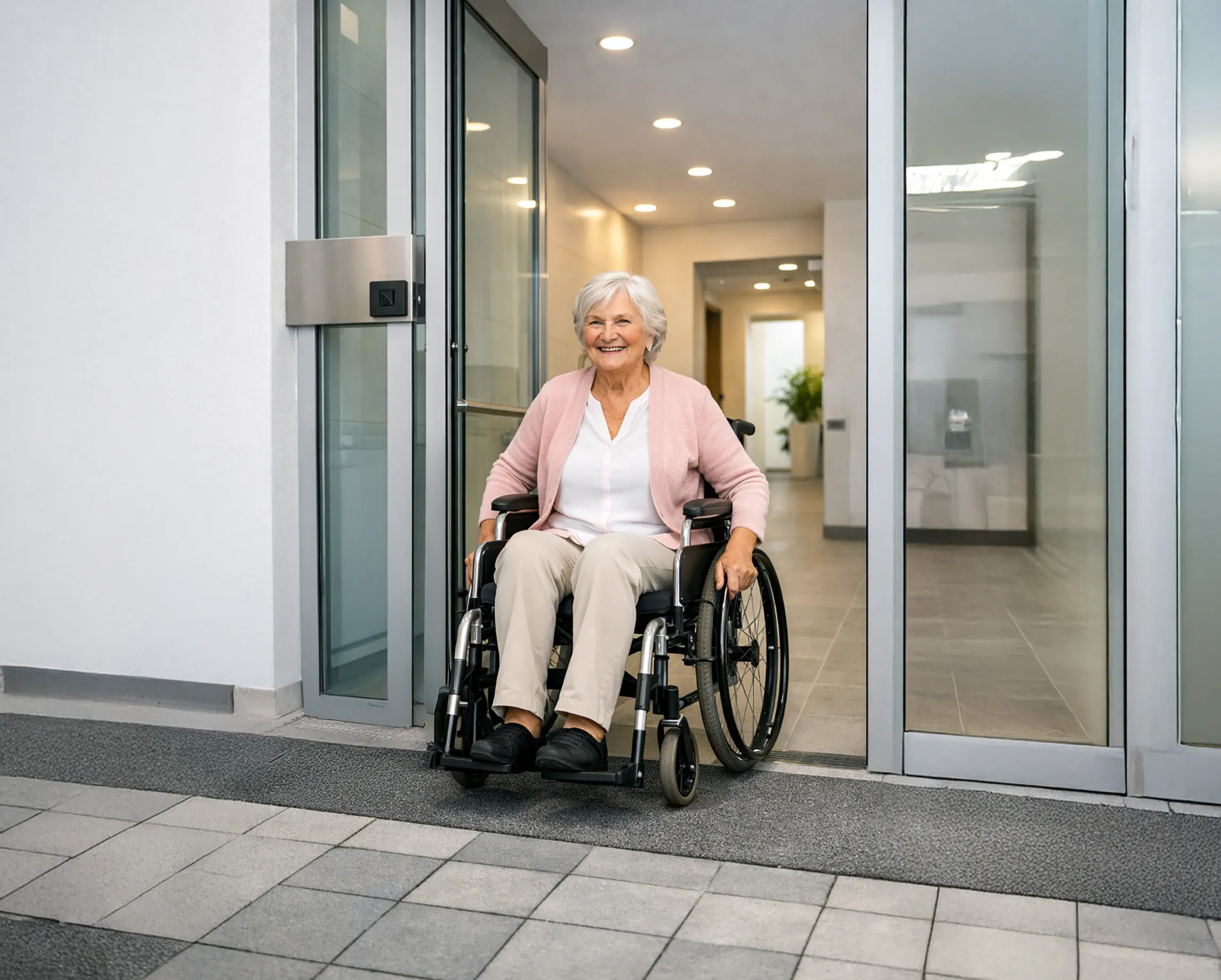 Ältere Frau fährt mit Rollstuhl durch modernen, schwellenfreien Apartmentzugang, neben ihr steht ein Rollator.